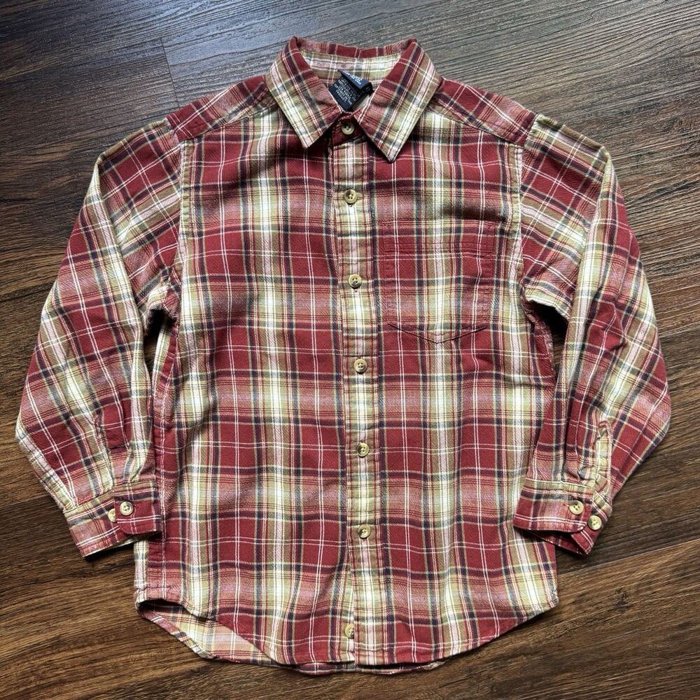 Lands’ End Boys Large Checked Plaid Button Up Shirt Red Brown L Long Sleeve